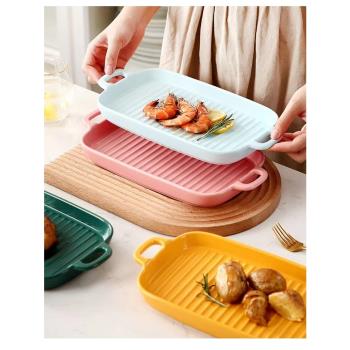 北歐創意雙耳陶瓷烤盤四方形烤箱烘焙盤家用芝士焗飯盤長方形菜盤