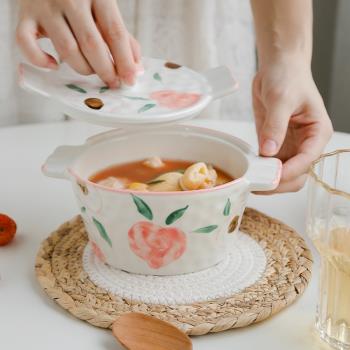 日式可愛創意陶瓷蒸蛋碗帶蓋雙耳釉下彩耐高溫大容量手繪家用湯盅