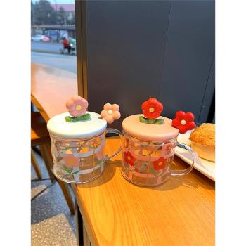 韓式花朵耐熱玻璃杯子ins女生馬克杯高顏值帶蓋勺家用喝水咖啡杯