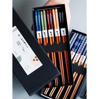 日式筷子尖頭家用分人實木防滑日本天然高檔創意竹筷5雙禮盒套裝