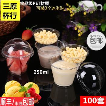 9OZ一次性PET冰淇淋杯透明塑膠冰激凌慕斯杯酸奶冰沙杯帶蓋100套
