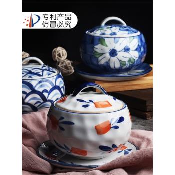 手繪蒸碗煲湯燉盅調料罐領事館日式ins陶瓷帶蓋家用燕窩蒸蛋羹碗