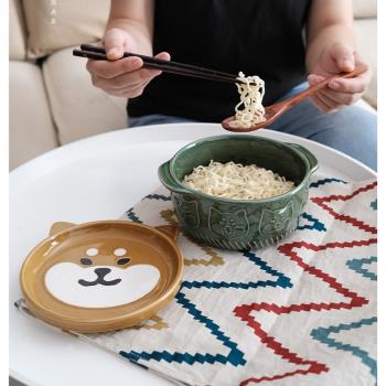Deardali日式柴犬泡面碗帶蓋學生宿舍陶瓷單個面碗可愛卡通拉面碗