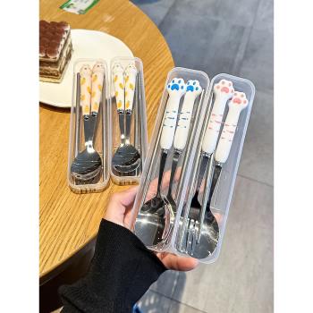 筷子勺子套裝可愛便攜式兒童外帶餐具收納盒學生叉子不銹鋼三件套