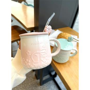 日式櫻花馬克杯陶瓷杯子帶蓋勺子女家用辦公室水杯早餐牛奶咖啡杯