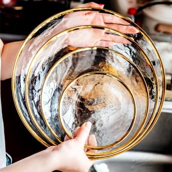 北歐金邊水果盤子輕奢餐具創意套裝玻璃盤家用沙拉碗湯碗餐盤碟子
