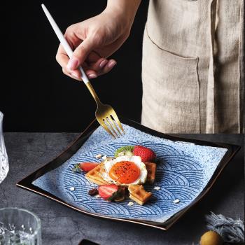 海波紋日式陶瓷壽司盤子正方盤子點心盤甜點盤家用平盤餐廳復古盤