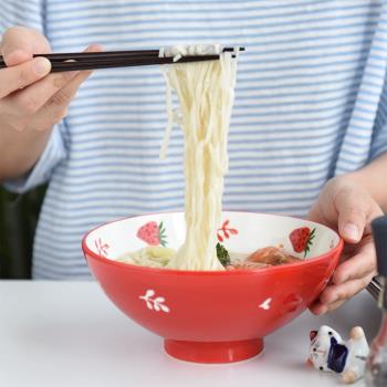 創意日式草莓陶瓷大碗湯碗大面碗家用大號吃面條拌面碗斗笠喇叭碗