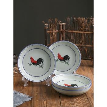 家用懷舊公雞陶瓷菜盤子碟子套裝復古青花瓷個性方盤深盤商用餐廳
