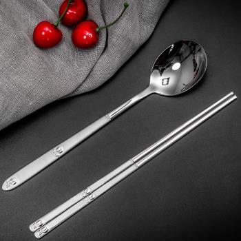 韓式不銹鋼磨砂扁筷勺實心不銹鋼筷子勺子套裝蘋果圖案長柄勺子