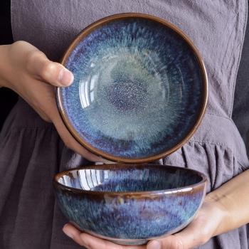 江南生活北歐孔雀釉復古飯碗創意小湯碗家用粗陶菜碗做舊陶瓷餐具