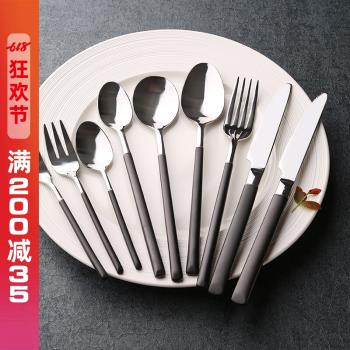 高檔全套西餐刀叉勺筷餐具套裝 304不銹鋼黑柄復古牛排刀叉水果叉