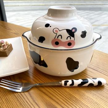 ins奶牛泡面碗日式上下兩用碗吃飯碗學生宿舍家用手柄湯碗陶瓷碗
