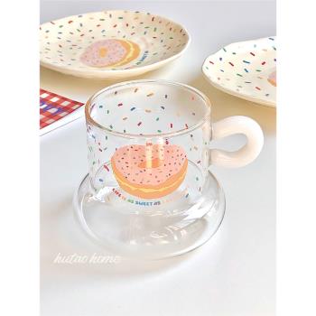 原創自制ins風手繪創意可愛甜甜圈耐高溫玻璃杯餐盤彩色大容量