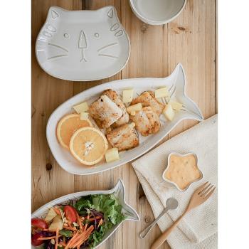 日式復古陶瓷浮雕貓咪魚盤餐具斗笠大碗家用盤子菜盤馬克杯小碟子