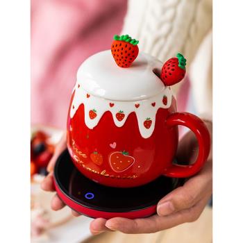 草莓大容量保溫馬克杯可愛少女心陶瓷杯子帶蓋勺辦公室用55度水杯