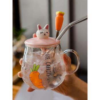 可愛兔玻璃杯子女夏季辦公室帶蓋勺馬克杯兒童家用帶把手吸管水杯