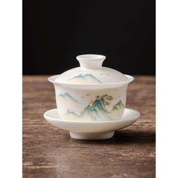 羊脂玉懸停蓋碗單個茶杯陶瓷泡茶碗白瓷懸浮三才敬茶碗功夫茶具