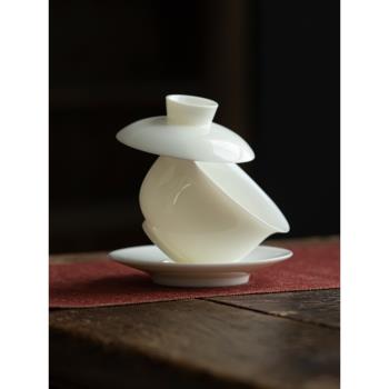 羊脂玉瓷三才蓋碗可懸停茶杯白瓷單個敬茶碗子陶瓷懸浮泡茶具家用