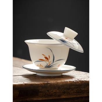 羊脂玉三才蓋碗可懸停浮泡茶碗單個茶杯陶瓷功夫茶具白瓷家用大號
