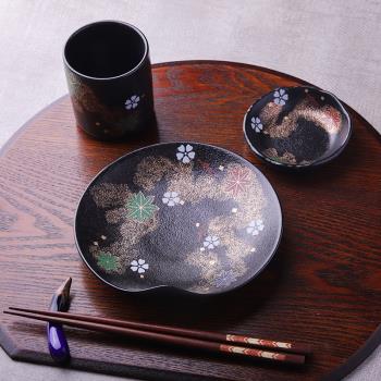 日本料理創意陶瓷餐具復古風擺臺套裝金彩圓形骨碟水杯日式石頭碟