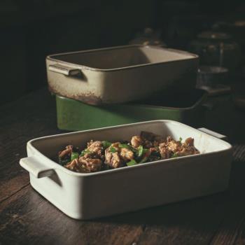 復古粗陶雙耳烤盤果盤燒菜盤可進烤箱微波爐焗飯盤日式個性長方盤