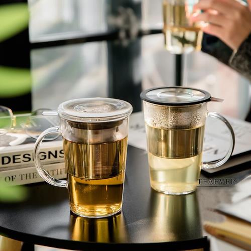 高檔玻璃帶蓋茶水杯不銹鋼濾網耐熱泡茶杯辦公室家用精致禮品水杯