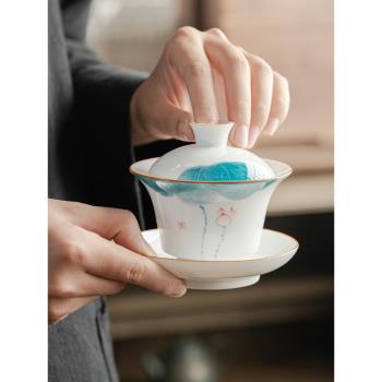 白瓷手繪三才蓋碗泡茶碗茶杯單個陶瓷茶具羊脂玉蓋子不燙手大容量