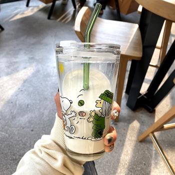 ins玻璃杯帶蓋吸管杯寶寶水杯帶刻度網紅男女學生牛奶杯果汁杯子