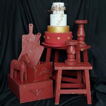 傳統婚禮紅色蛋糕架 中式風格櫥窗擺件 甜品臺點心架復古糕點托盤