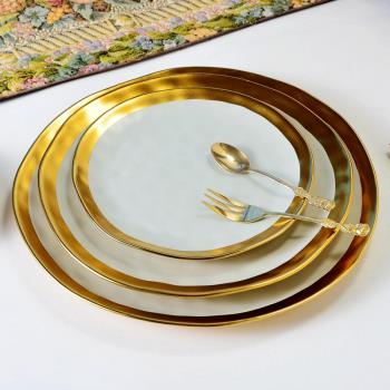 北歐風格簡約鴨蛋青色釉鍍金陶瓷西餐盤美食盤拼盤水果盤平盤瑕疵