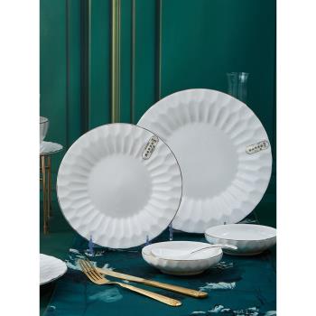 描金浮雕陶瓷餐具碗盤套裝家用菜盤子深盤骨瓷魚盤逐鹿牛排盤平盤