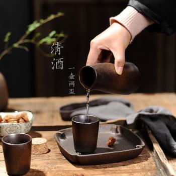 日式復古手工粗陶托盤杯子酒具