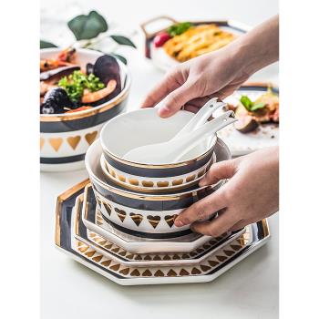 北歐INS描金陶瓷餐具套裝網紅家用盤子菜盤勺子吃飯碗湯碗碟面碗