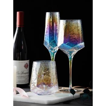 復古歐式錘紋紅酒杯香檳杯創意炫彩水晶玻璃高腳杯洋酒葡萄酒杯子