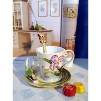 手繪陶瓷帶勺咖啡杯碟美式英式中式精致紅茶杯女生禮品餐桌裝飾杯