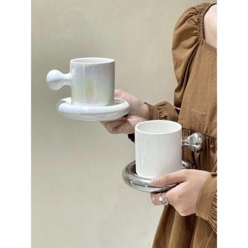 高顏值ins小眾設計陶瓷馬克杯碟銀色咖啡杯碟少女心珠光中古水杯