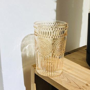 ins風復古浮雕太陽花玻璃水杯咖啡果汁杯啤酒杯可愛少女家用杯子