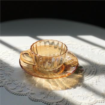ins網紅輕奢咖啡杯碟條紋拿鐵杯下午茶香檳色復古玻璃花茶杯套裝