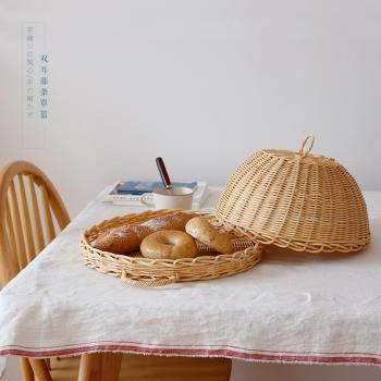 手作禮丨日式藤條心雙耳圓形收納托盤帶罩臺餐桌裝飾食物收納籃
