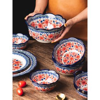 雪墨梅碗碟套裝碗盤家用復古餐具陶瓷飯碗沙拉碗盤子面碗湯碗大碗