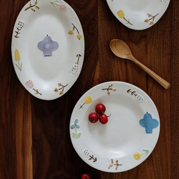 澤滕家創意日式花鳥手繪陶瓷盤子可愛橢圓形甜品盤高顏值早餐盤子