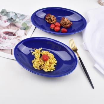 韓式陶瓷寶石藍手捏深海藍橢圓形魚盤深盤家用陶瓷盤湯盤西餐盤子