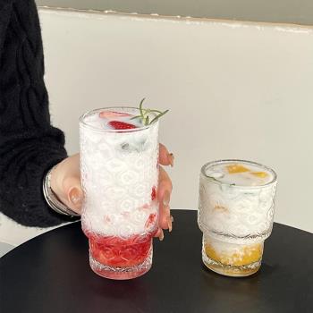 ins小眾浮雕可疊玻璃杯復古冰美式咖啡杯氣泡水杯果汁杯網紅款杯