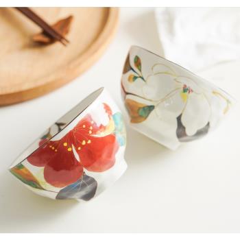 日本進口ceramic 藍花廊系列日式山茶花創意陶瓷碗小碗米飯碗11cm