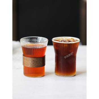 茶咖美器高硼硅條紋玻璃杯掛耳咖啡杯帶隔熱環木質防燙防摔喝水杯