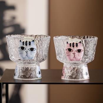 貓咪錘紋玻璃杯家用高足零食碟甜品冰激凌杯子果汁杯情侶水杯茶杯