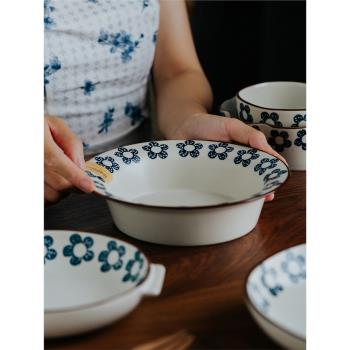 澤滕家日式藍朵粗陶家用飯碗不規則湯碗釉下彩工藝蔬菜沙拉碗陶瓷