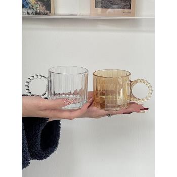 小眾玻璃杯簡約條紋高級感珍珠手柄馬克杯ins風少女心咖啡果汁杯