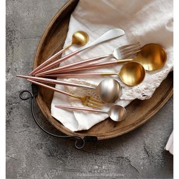 櫻花粉丨 甜品叉勺子304不銹鋼西餐餐具金銀葡萄牙同款刀叉勺套裝